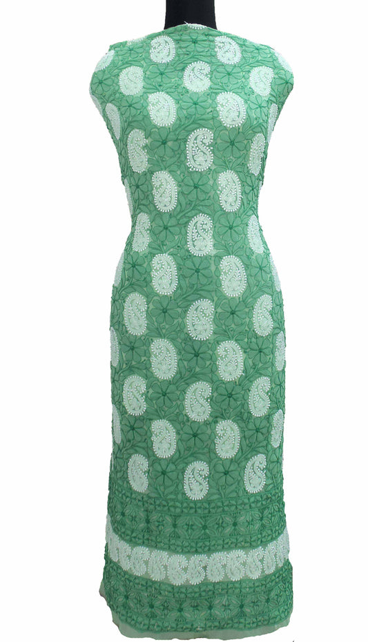 Shyamal Chikan Hand Embroidered Green Georgette Lucknowi Chikankari Unstitched Kurta Piece- S118