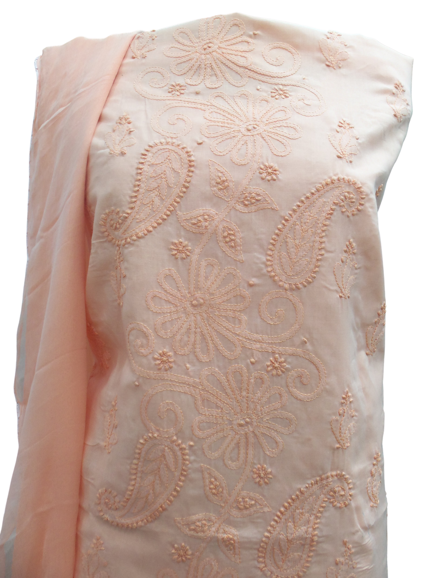 Shyamal Chikan Hand Embroidered Peach Cotton Lucknowi Chikankari Unstitched Suit Piece - S3290