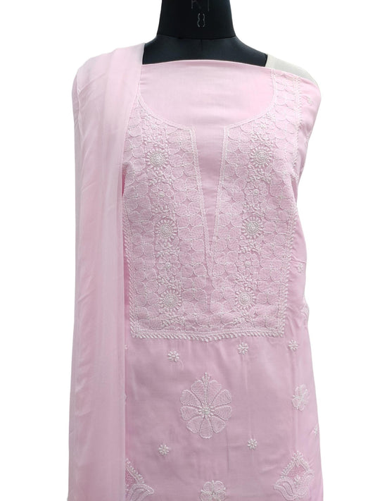 Shyamal Chikan Hand Embroidered Pink Cotton Lucknowi Chikankari Unstitched Suit Piece With Jaali Work - S19427