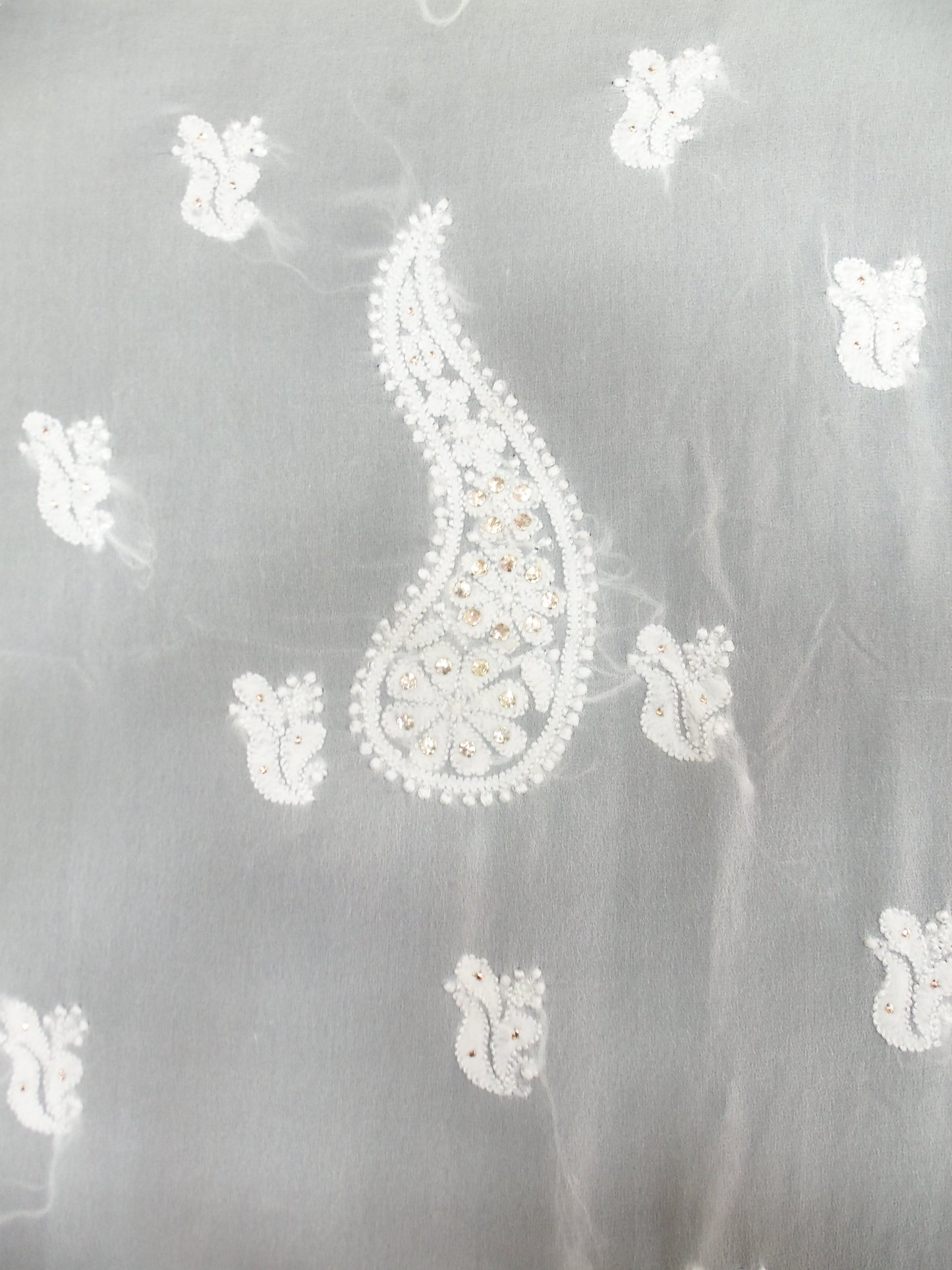 Shyamal Chikan Hand Embroidered White Pure Georgette Lucknowi Chikankari Unstitched Kurta Piece With Heavy Mukaish Work - S4059
