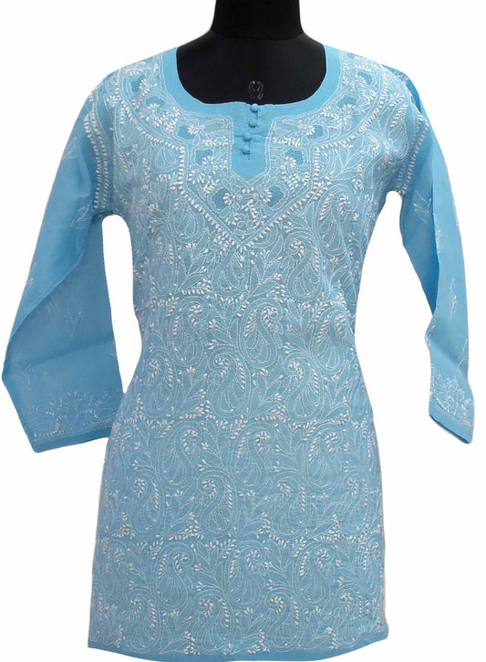 Shyamal Chikan Hand Embroidered Blue Cotton Lucknowi Chikankari Short Top- S1095