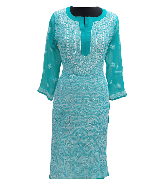 Shyamal Chikan Hand Embroidered Sea Green Georgette Lucknowi Chikankari All-Over Kurti - S4303