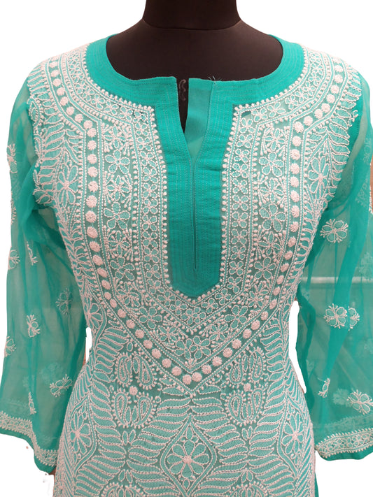 Shyamal Chikan Hand Embroidered Sea Green Georgette Lucknowi Chikankari All-Over Kurti - S4303