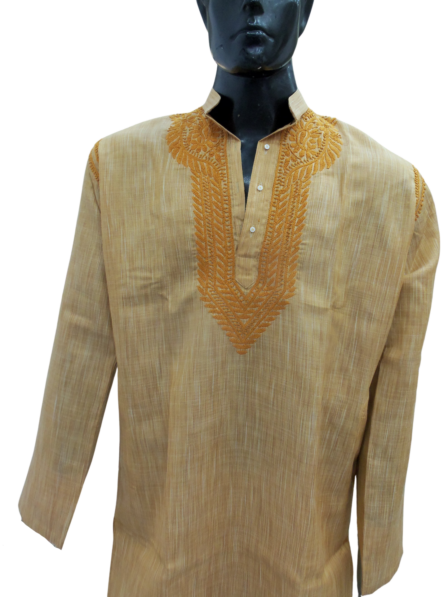 Shyamal Chikan Hand Embroidered Mustard Yellow Cotton Lucknowi Chikankari Men's Kurta – S4999
