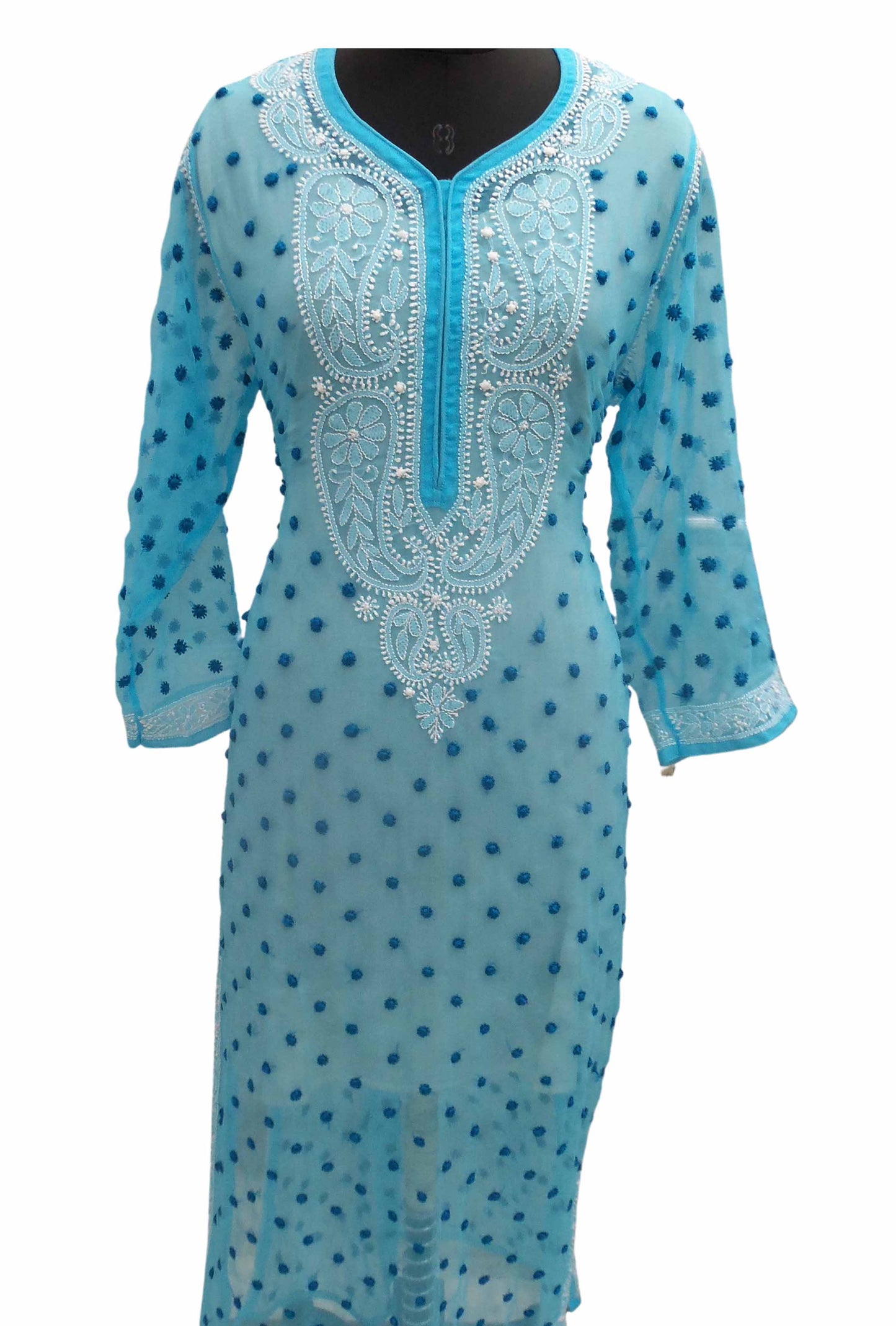 Shyamal Chikan Hand Embroidered Light Blue Georgette Lucknowi Chikankari All-Over Kurti - S12209