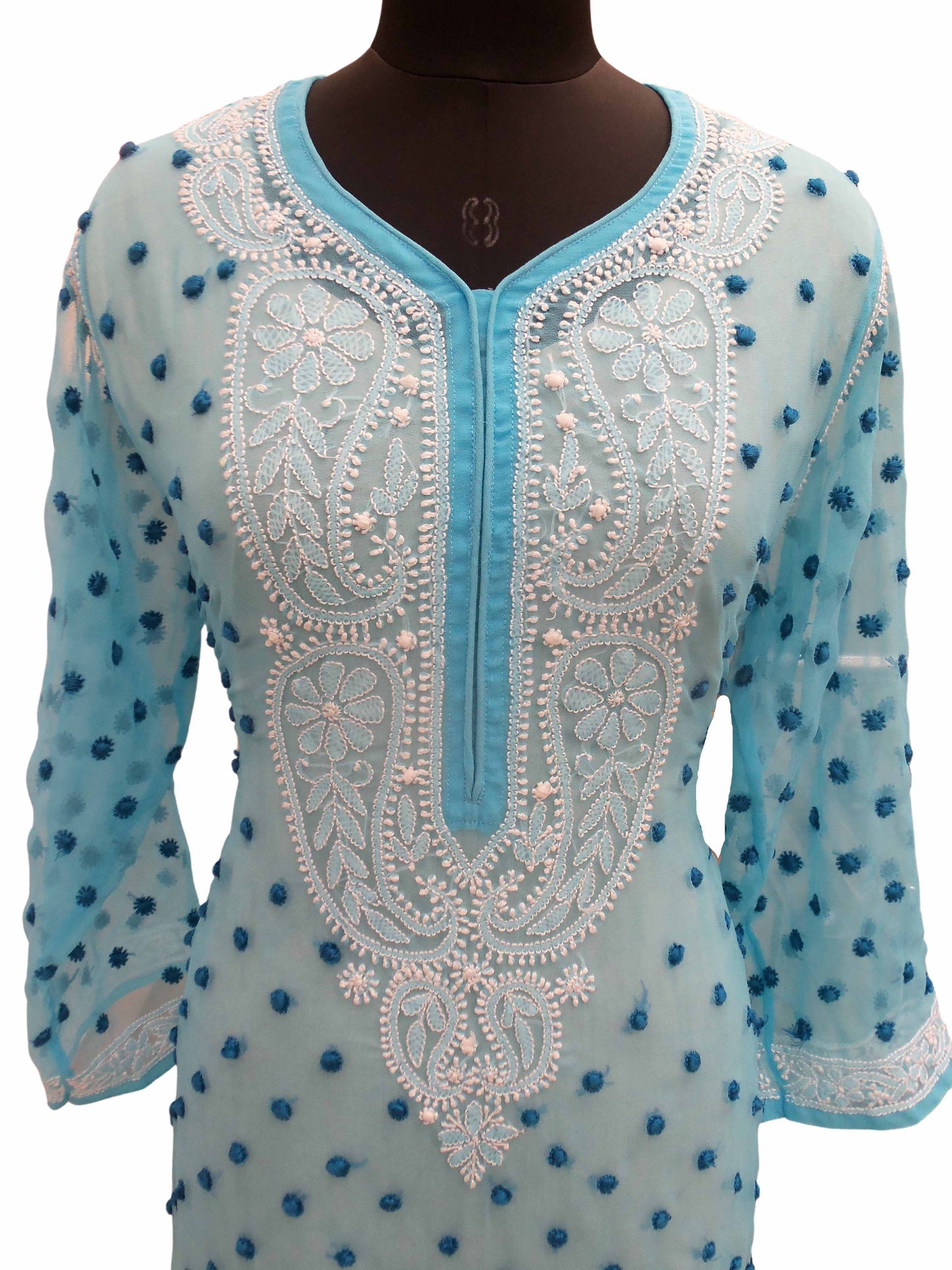 Shyamal Chikan Hand Embroidered Light Blue Georgette Lucknowi Chikankari All-Over Kurti - S12209