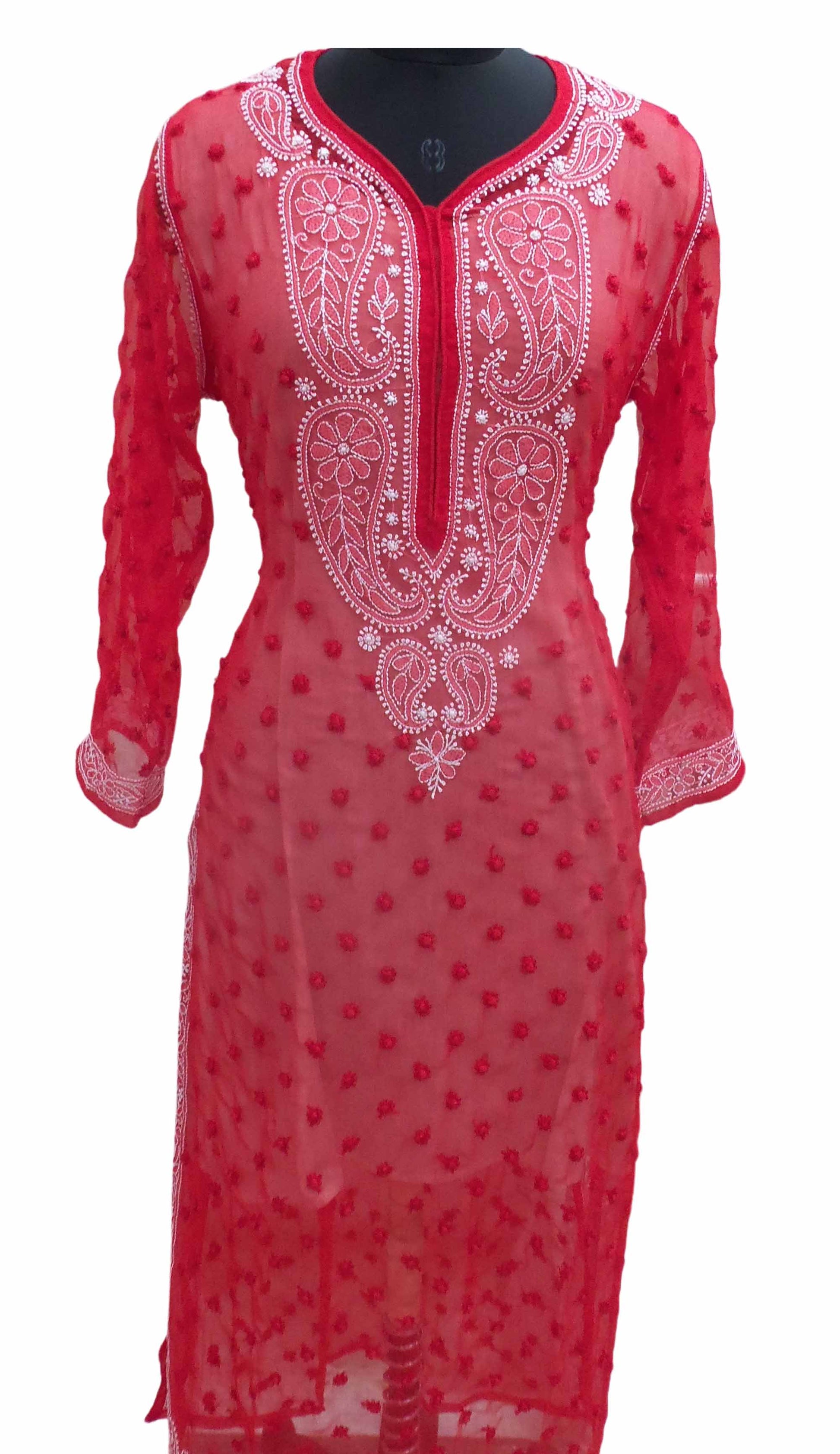 Shyamal Chikan Hand Embroidered Red Georgette Lucknowi Chikankari All-Over Kurti - S12205