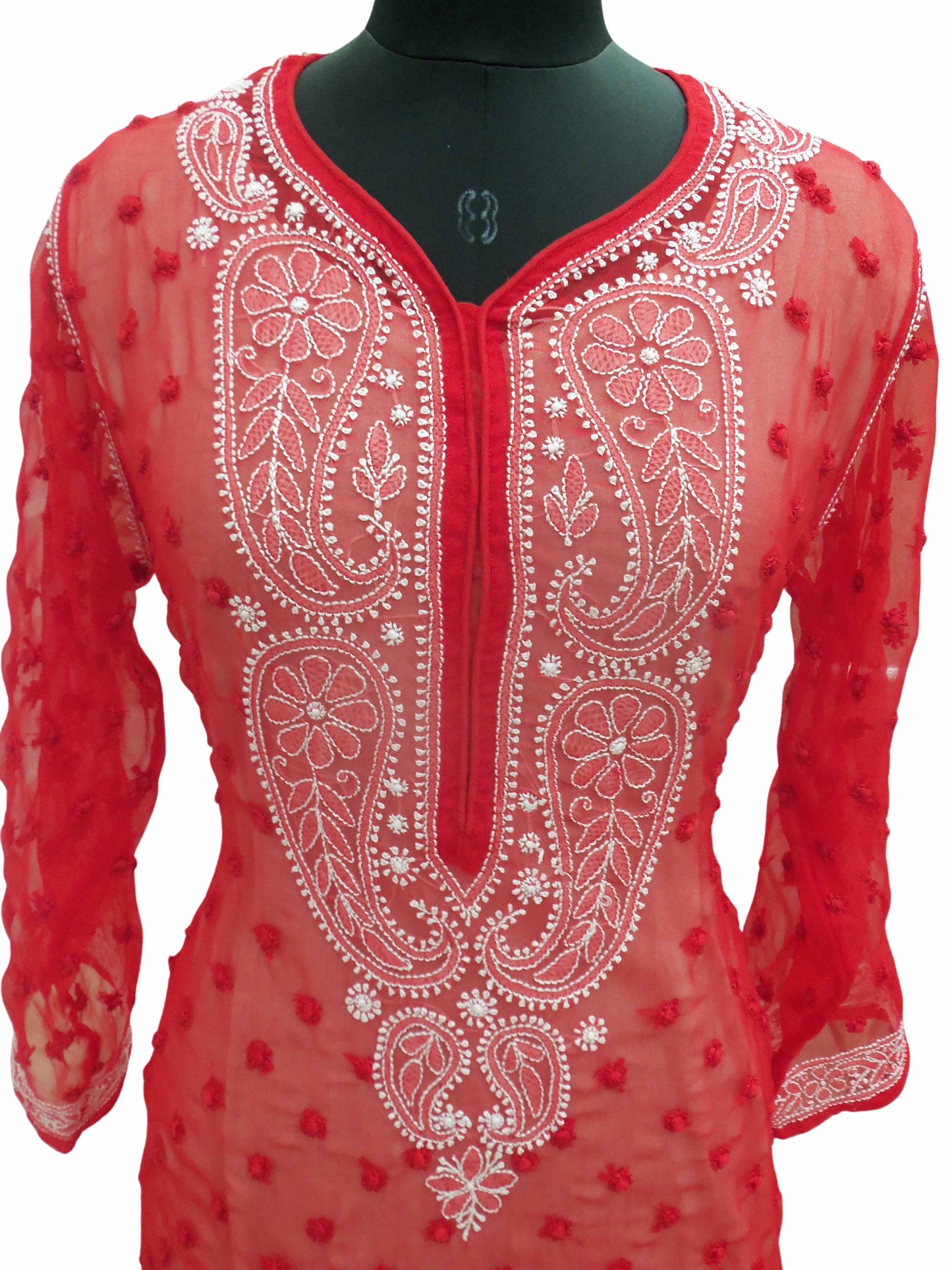 Shyamal Chikan Hand Embroidered Red Georgette Lucknowi Chikankari All-Over Kurti - S12205