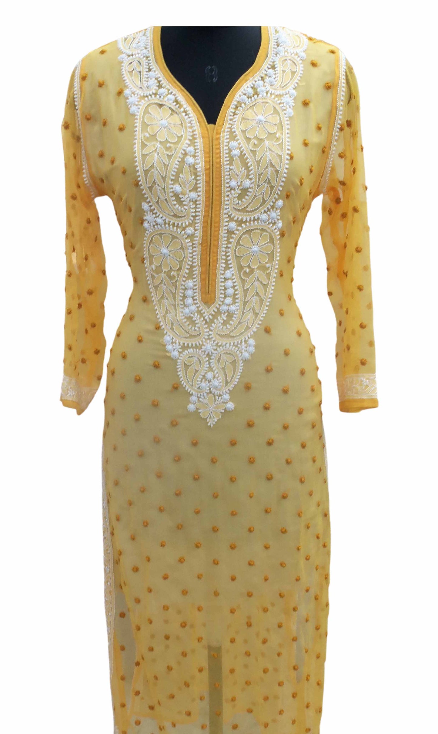 Shyamal Chikan Hand Embroidered Mustard Yellow Georgette Lucknowi Chikankari All-Over Kurti - S12210