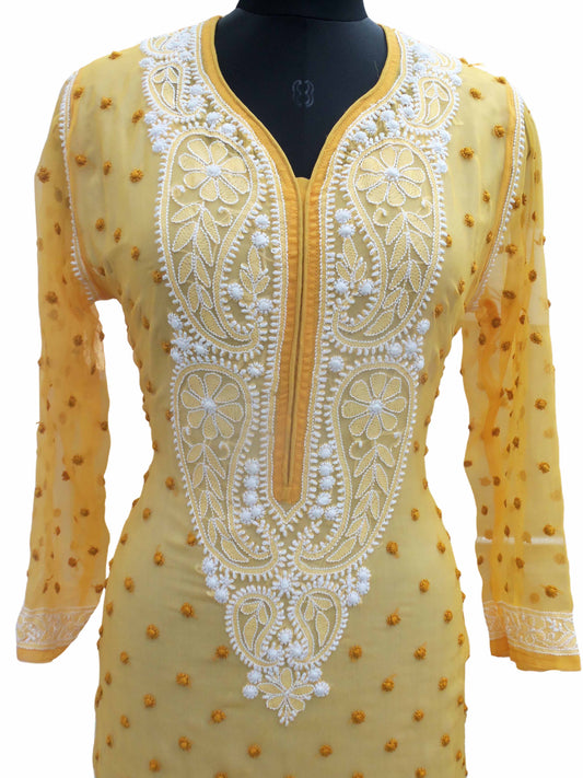 Shyamal Chikan Hand Embroidered Mustard Yellow Georgette Lucknowi Chikankari All-Over Kurti - S12210