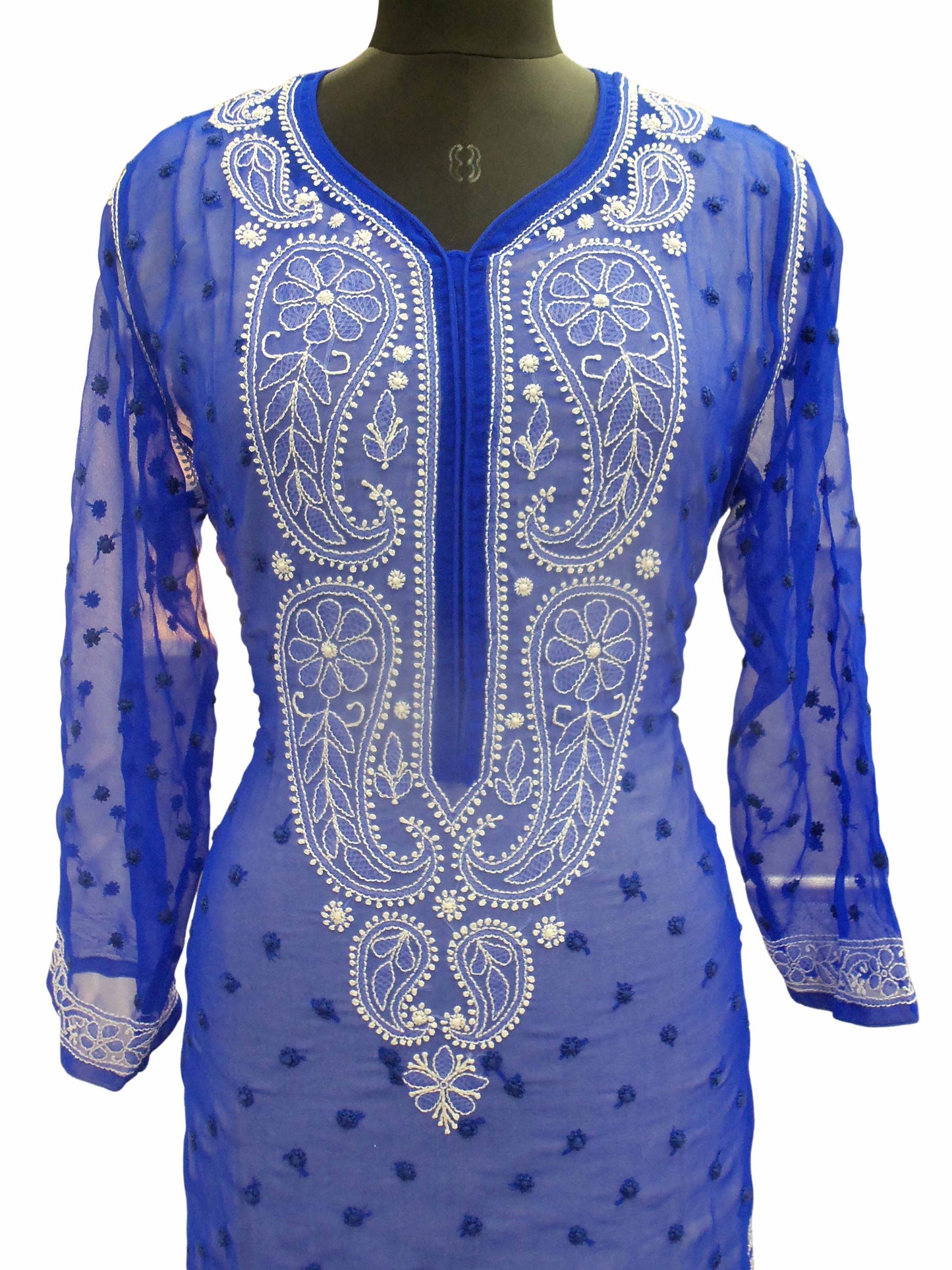 Shyamal Chikan Hand Embroidered Blue Georgette Lucknowi Chikankari All-Over Kurti - S12204