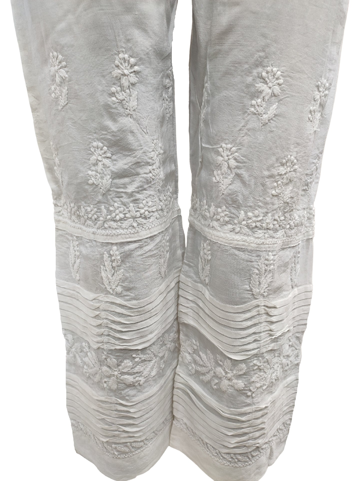 Shyamal Chikan Hand Embroidered White Chanderi Silk Lucknowi Chikankari Women's Pant –  S17611