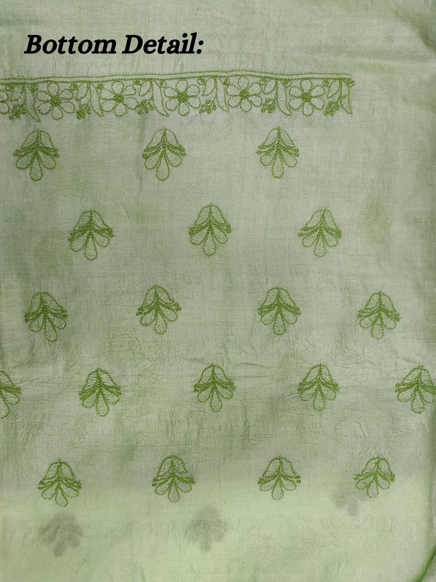 Shyamal Chikan Hand Embroidered Green Pure Tusser Silk Lucknowi Chikankari Unstitched Suit Piece - S16879