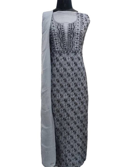 Shyamal Chikan Hand Embroidered Grey Pure Tusser Silk Lucknowi Chikankari Unstitched Suit Piece - S16876