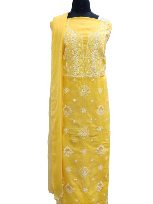 Shyamal Chikan Hand Embroidered Yellow Cotton Lucknowi Chikankari Unstitched Suit Piece With Jaali Work - S19426