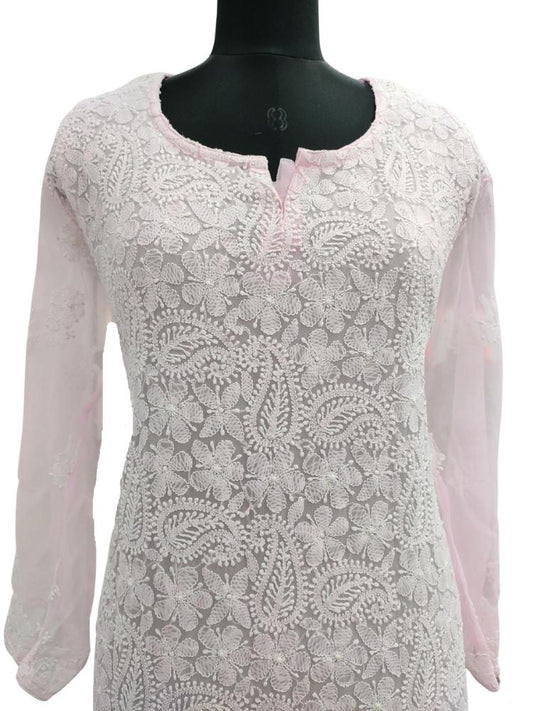 Shyamal Chikan Hand Embroidered Pink Georgette Lucknowi Chikankari Kurti- S6982