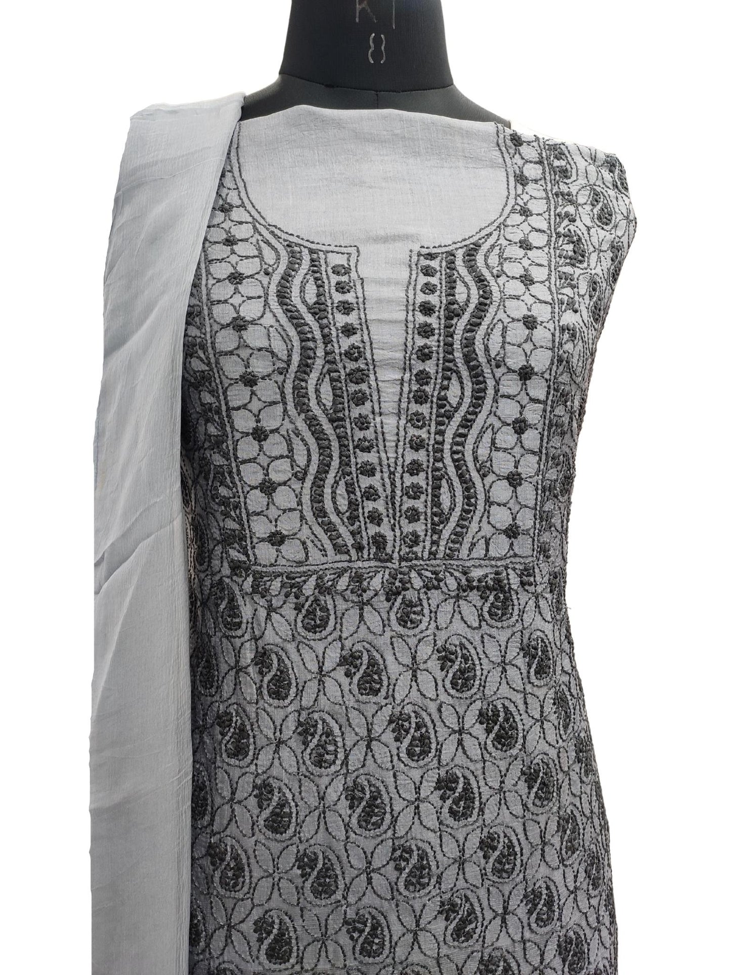 Shyamal Chikan Hand Embroidered Grey Pure Tusser Silk Lucknowi Chikankari Unstitched Suit Piece - S16876