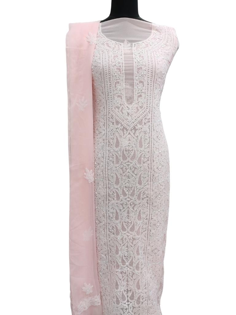 Shyamal Chikan Hand Embroidered Baby Pink Georgette Lucknowi Chikankari Unstitched Suit Piece With Jaali Work - S14306