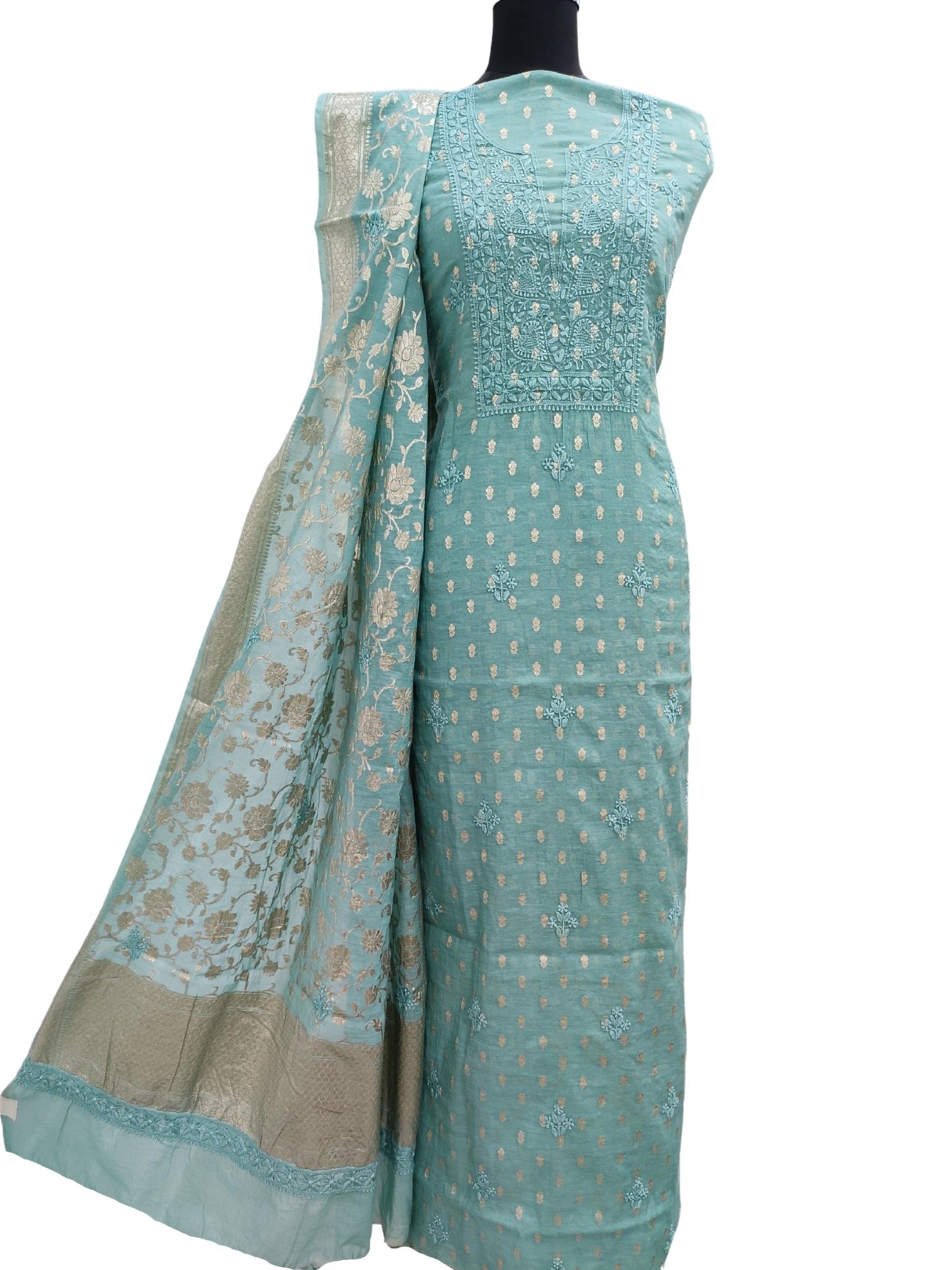 Shyamal Chikan Hand Embroidered Green Pure Chanderi Lucknowi Chikankari Unstitched Suit Piece ( Set of 2 ) - S15968