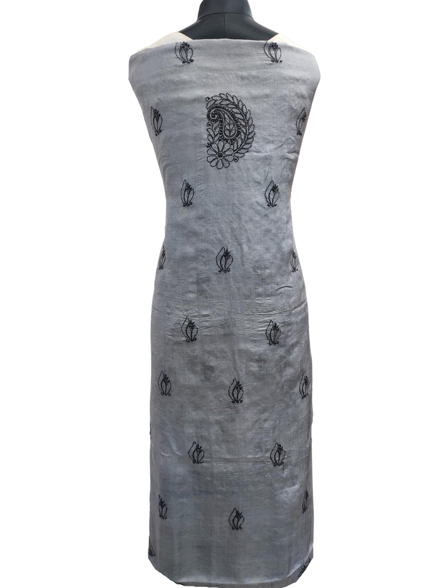 Shyamal Chikan Hand Embroidered Grey Pure Tusser Silk Lucknowi Chikankari Unstitched Suit Piece - S16876