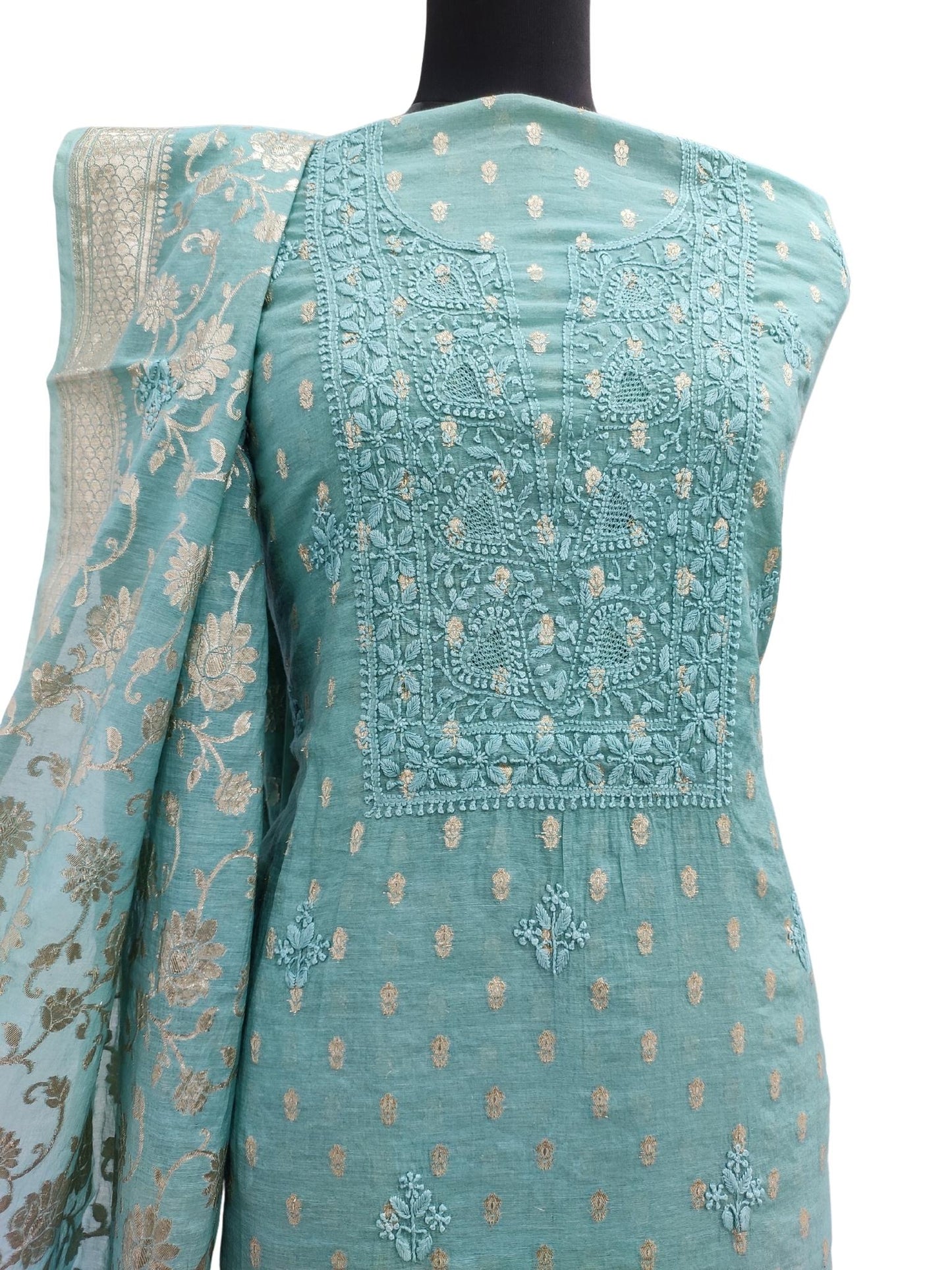 Shyamal Chikan Hand Embroidered Green Pure Chanderi Lucknowi Chikankari Unstitched Suit Piece ( Set of 2 ) - S15968