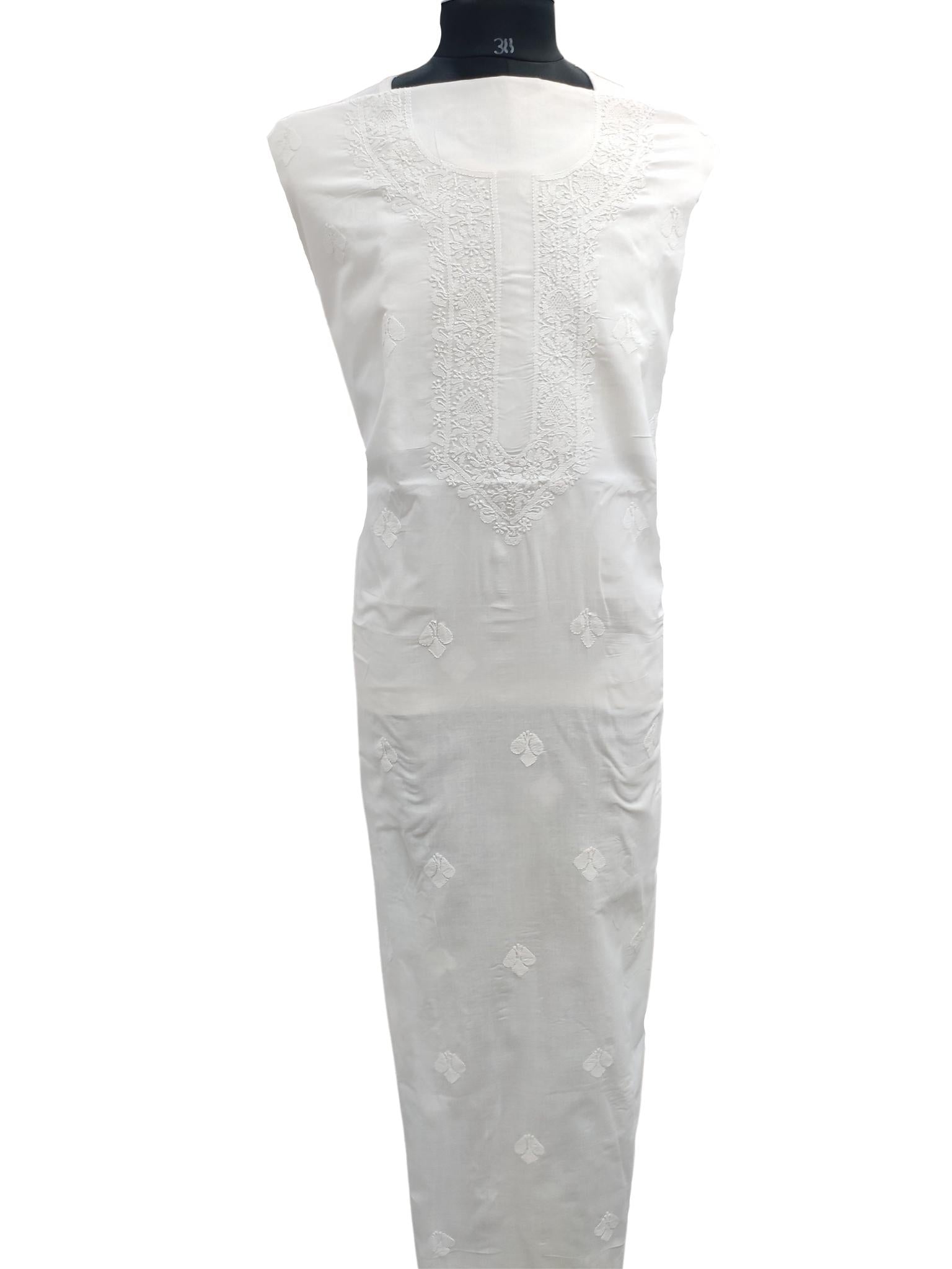 Shyamal Chikan Hand Embroidered White Cotton Lucknowi Chikankari Unstitched Men's Kurta Piece – S17171