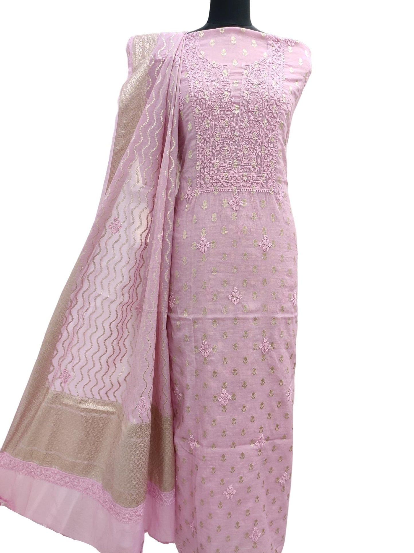 Shyamal Chikan Hand Embroidered Onion Pink Pure Chanderi Lucknowi Chikankari Unstitched Suit Piece ( Set of 2 ) - S15970