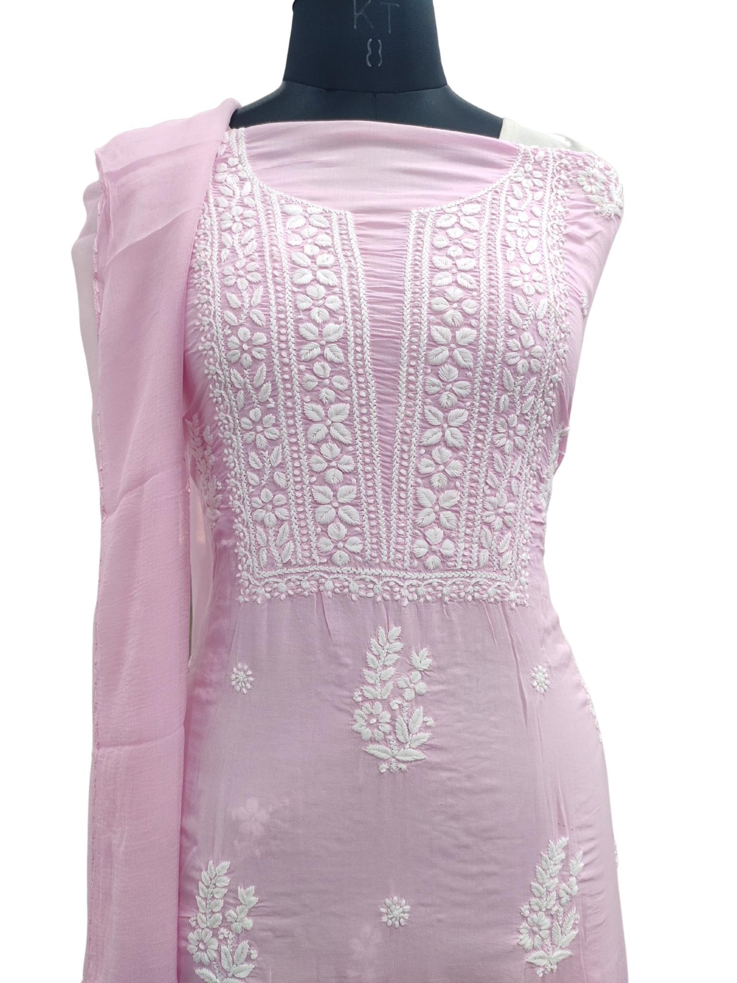 Shyamal Chikan Hand Embroidered Pink Modal Lucknowi Chikankari Unstitched Suit Piece ( Kurta Dupatta Set ) - S18139