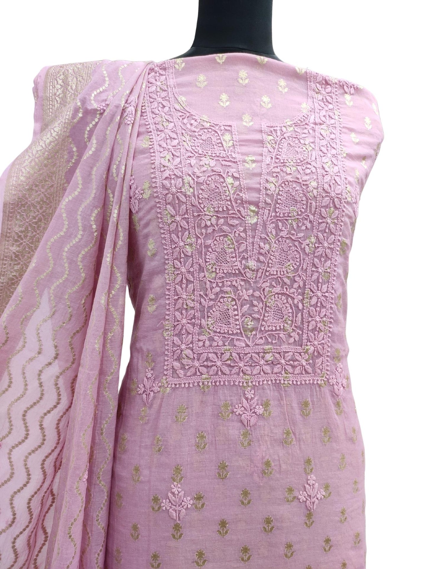 Shyamal Chikan Hand Embroidered Onion Pink Pure Chanderi Lucknowi Chikankari Unstitched Suit Piece ( Set of 2 ) - S15970