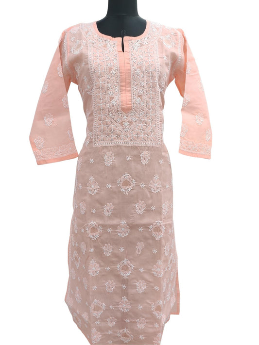 Shyamal Chikan Hand Embroidered Peach Cotton Lucknowi Chikankari Kurti With Jaali Work- S16462