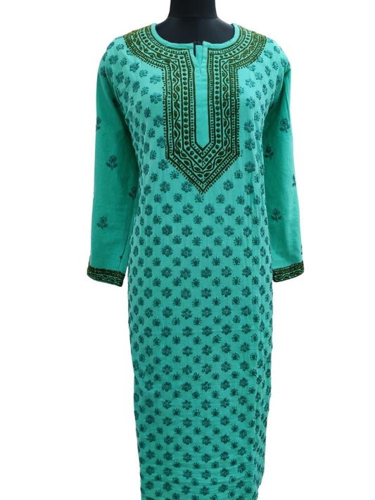 Shyamal Chikan Hand Embroidered Green Lenin Cotton Lucknowi Chikankari Kurti- S12184