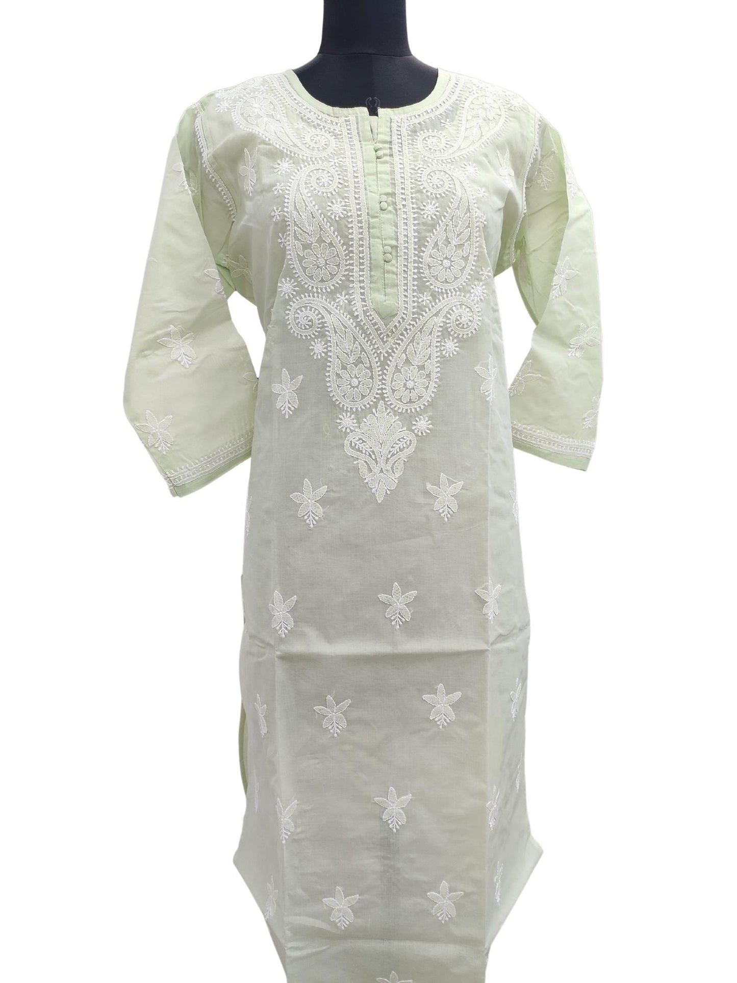 Shyamal Chikan Hand Embroidered Pista Green Cotton Lucknowi Chikankari Kurti- S13713