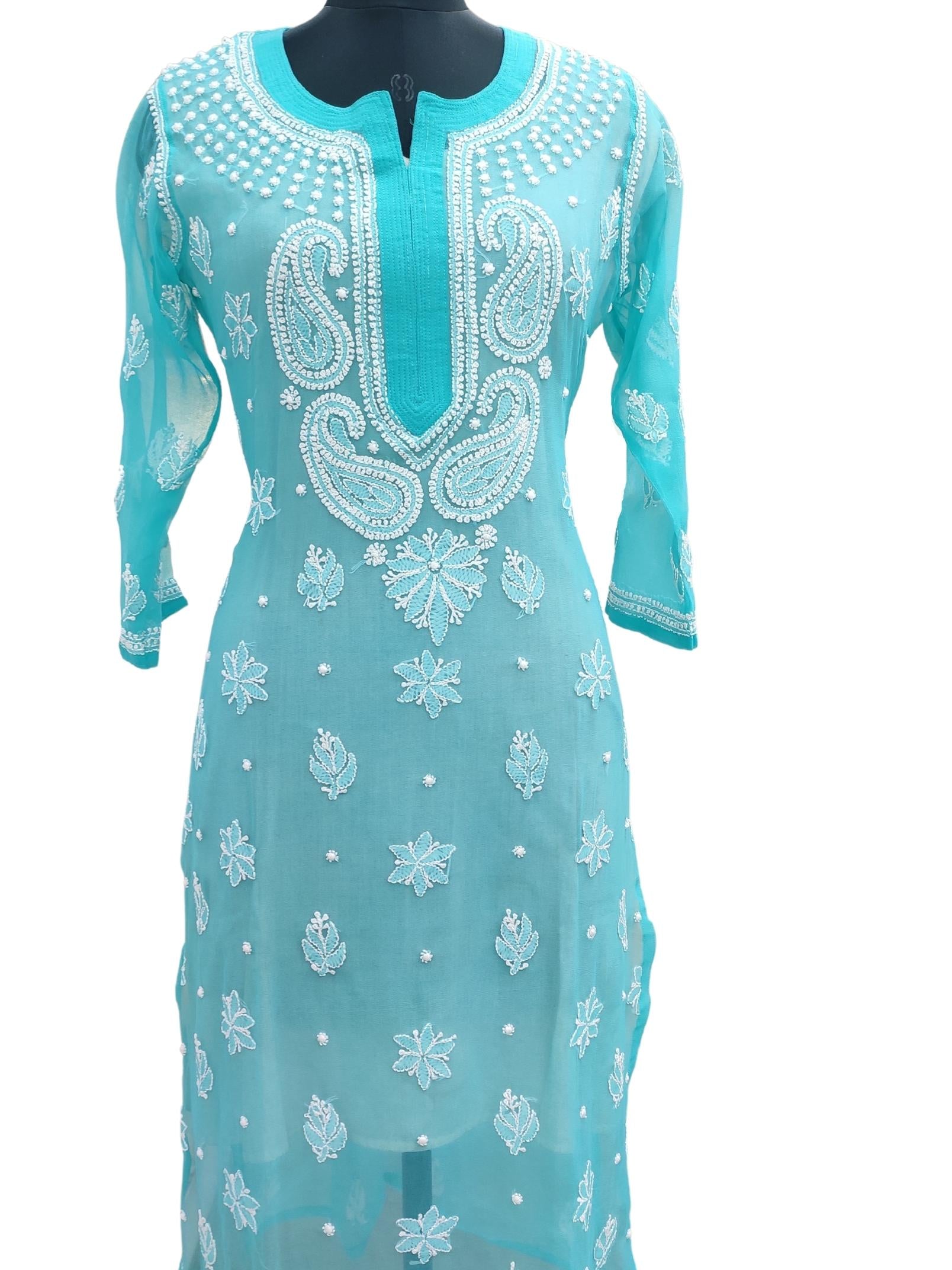 Shyamal Chikan Hand Embroidered Blue Georgette Lucknowi Chikankari Kurti - S13749
