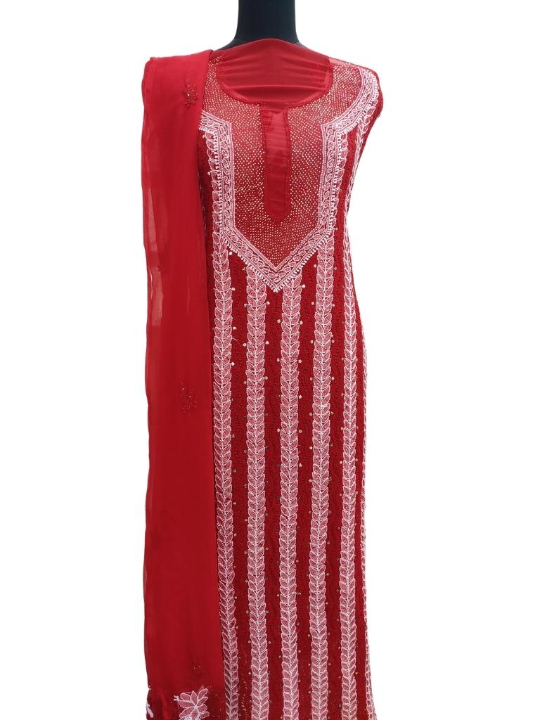 Shyamal Chikan Hand Embroidered Red Georgette Lucknowi Chikankari Unstitched Suit Piece With Mukaish Work - S14188