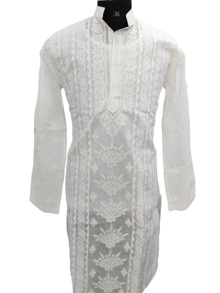 Shyamal Chikan Hand Embroidered White Cotton Lucknowi Chikankari Men's Kurta With Daraz Work – S15029