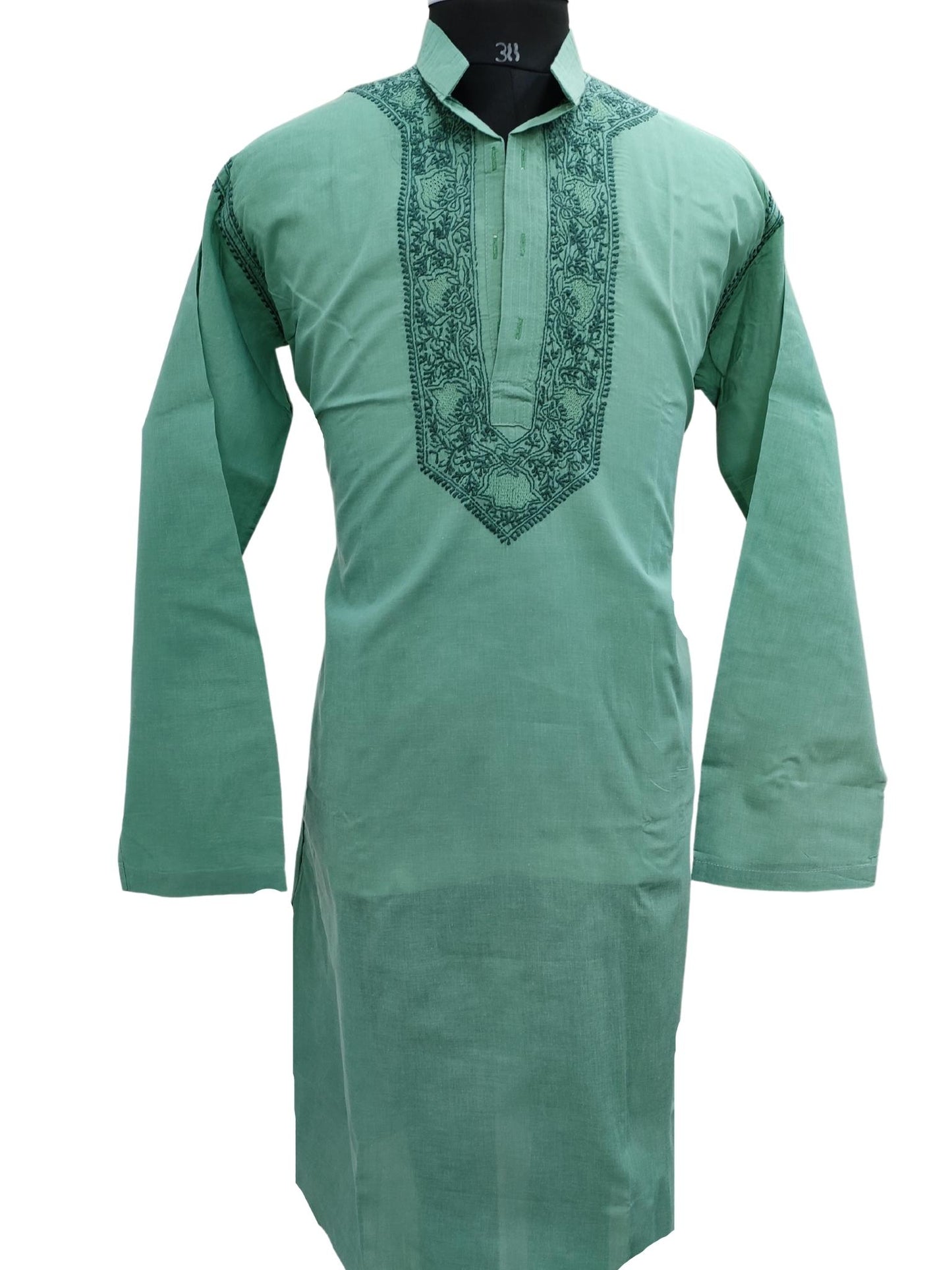 Shyamal Chikan Hand Embroidered Green Cotton Lucknowi Chikankari Men's Kurta – S17414