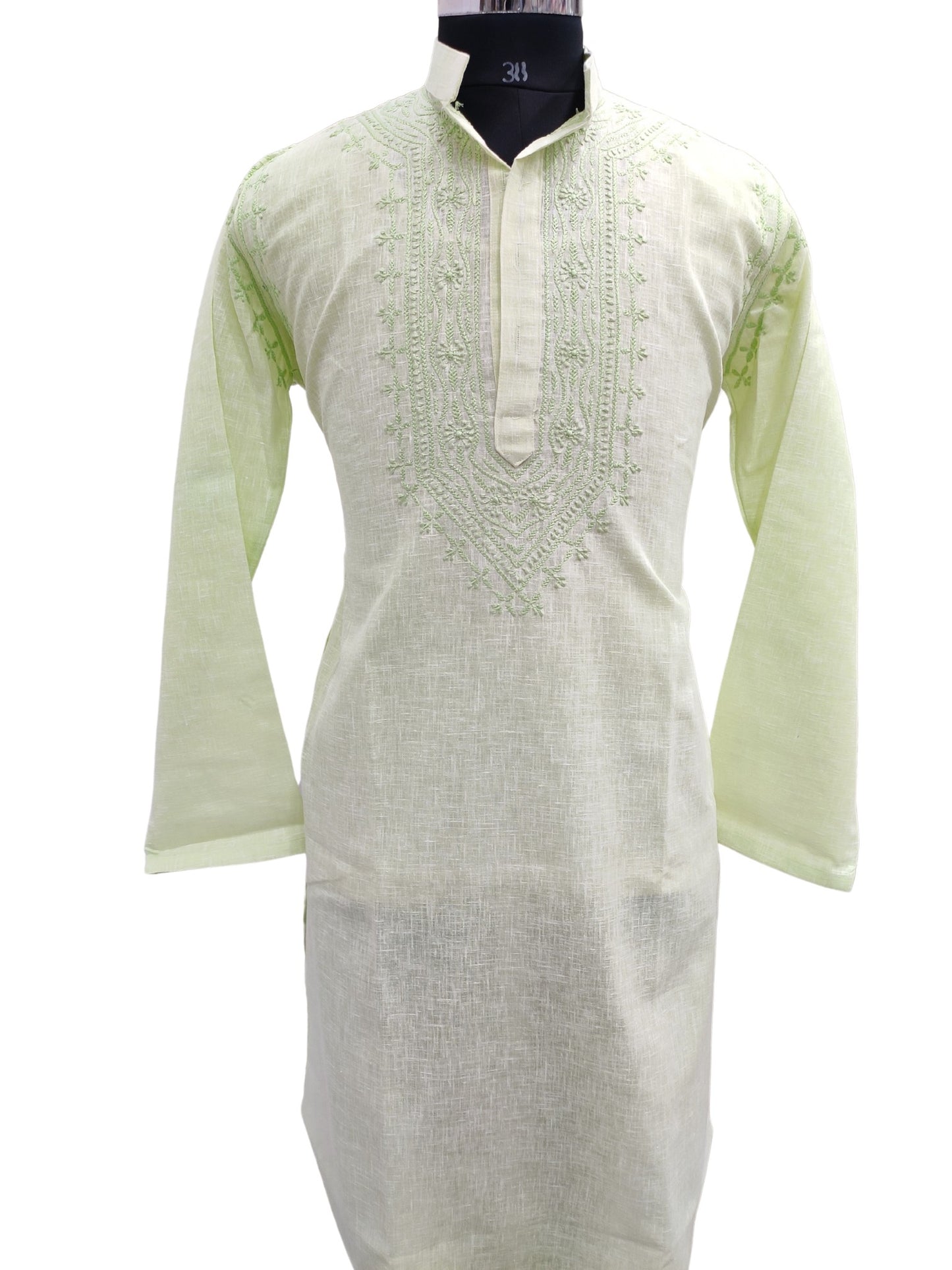 Shyamal Chikan Hand Embroidered Green Cotton Lucknowi Chikankari Men's Kurta – S19019