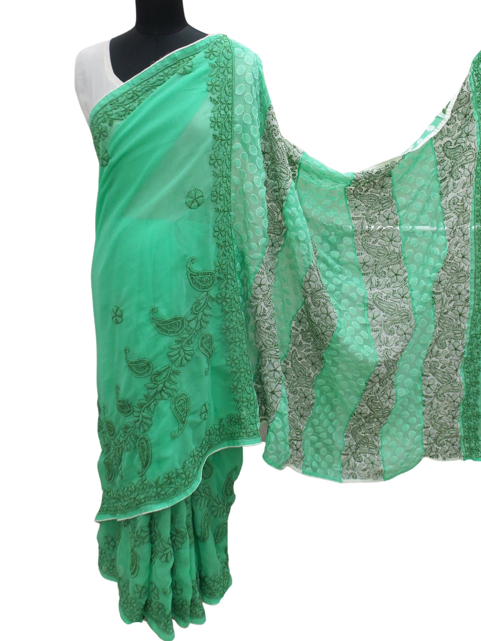 Shyamal Chikan Hand Embroidered Green Goergette Lucknowi Chikankari Contrast Saree With Blouse Piece- S4223