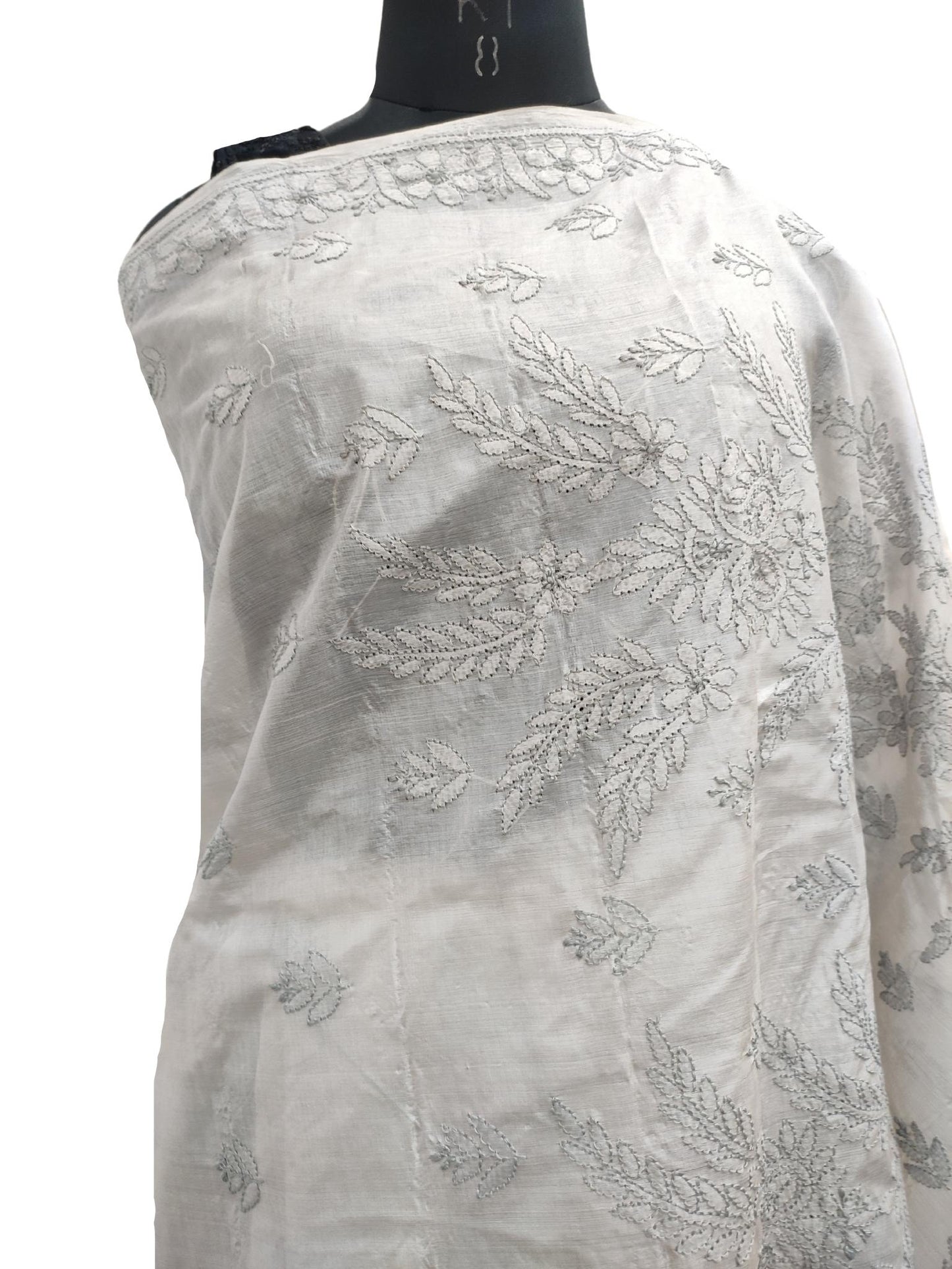 Shyamal Chikan Hand Embroidered Grey Pure Tusser Silk Lucknowi Chikankari Saree With Blouse Piece- S17128