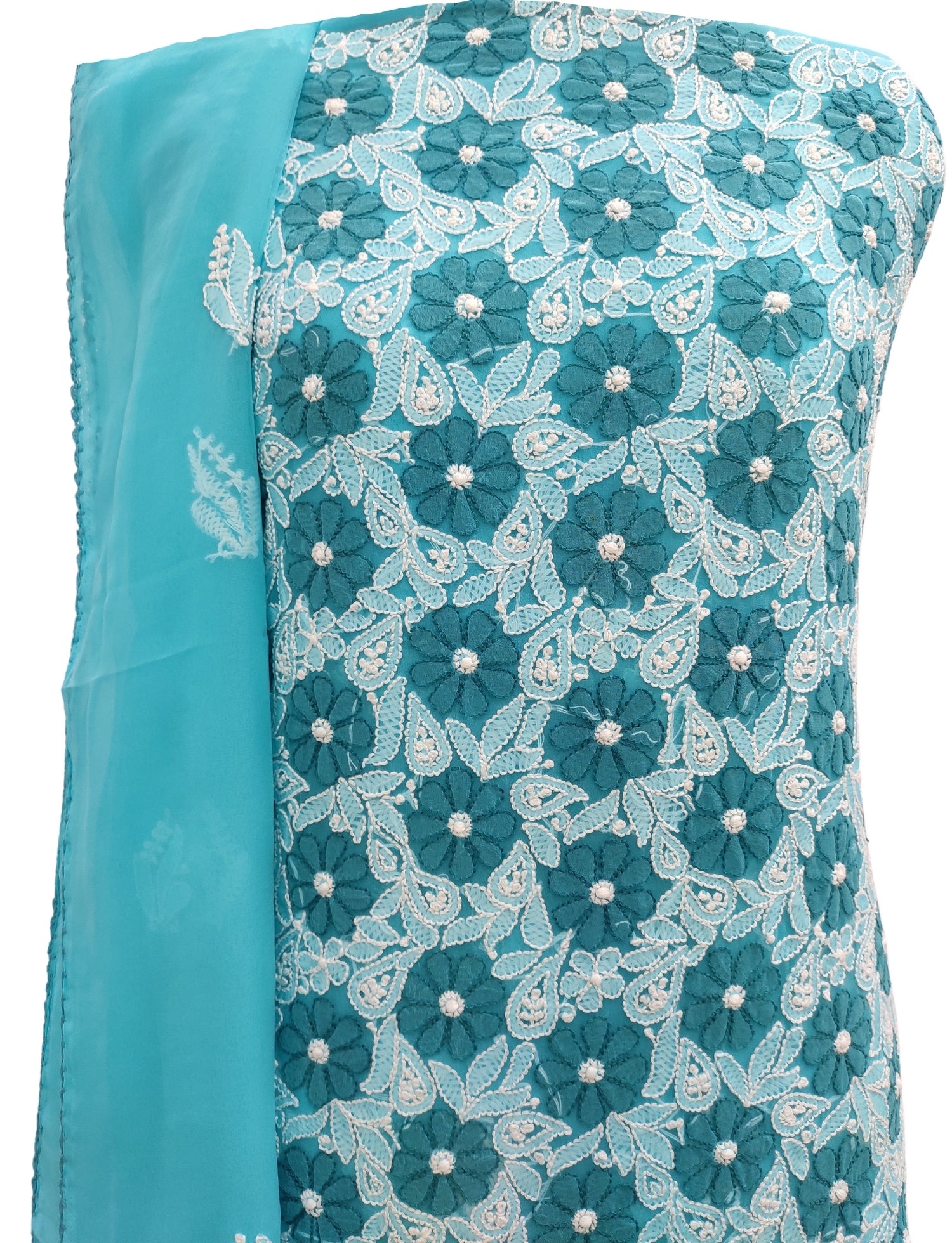 Shyamal Chikan Hand Embroidered Blue Georgette Lucknowi Chikankari Unstitched Suit Piece With Crosia Work - S10742 - Shyamal Chikan
