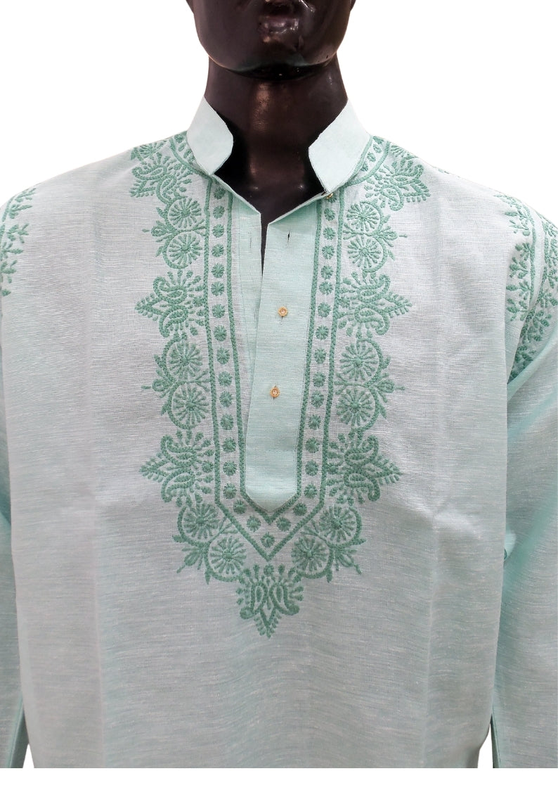 Shyamal Chikan Hand Embroidered Green Cotton Lucknowi Chikankari Men's Kurta – S1374