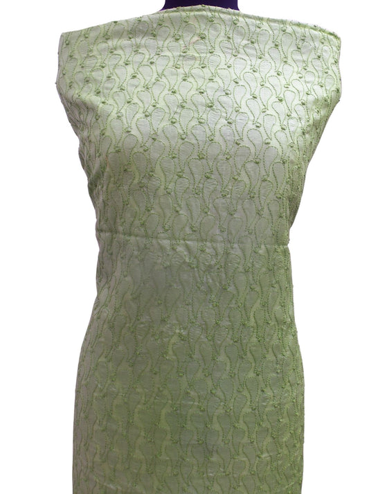 Shyamal Chikan Hand Embroidered Green Pure Tusser Silk Lucknowi Chikankari Unstitched Kurta Piece - S5771