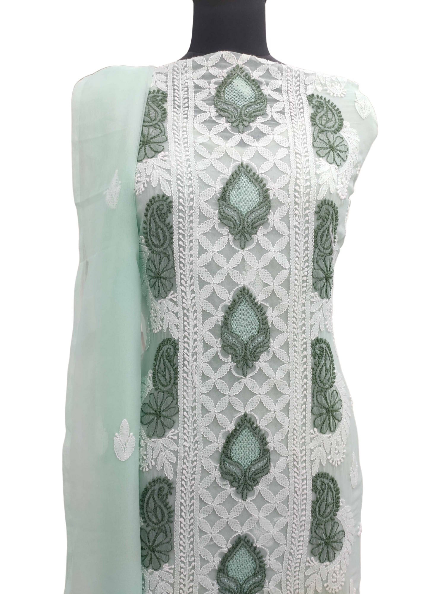 Shyamal Chikan Hand Embroidered Green Georgette Lucknowi Chikankari Unstitched Suit Piece With Jaali Work - S11648 - Shyamal Chikan