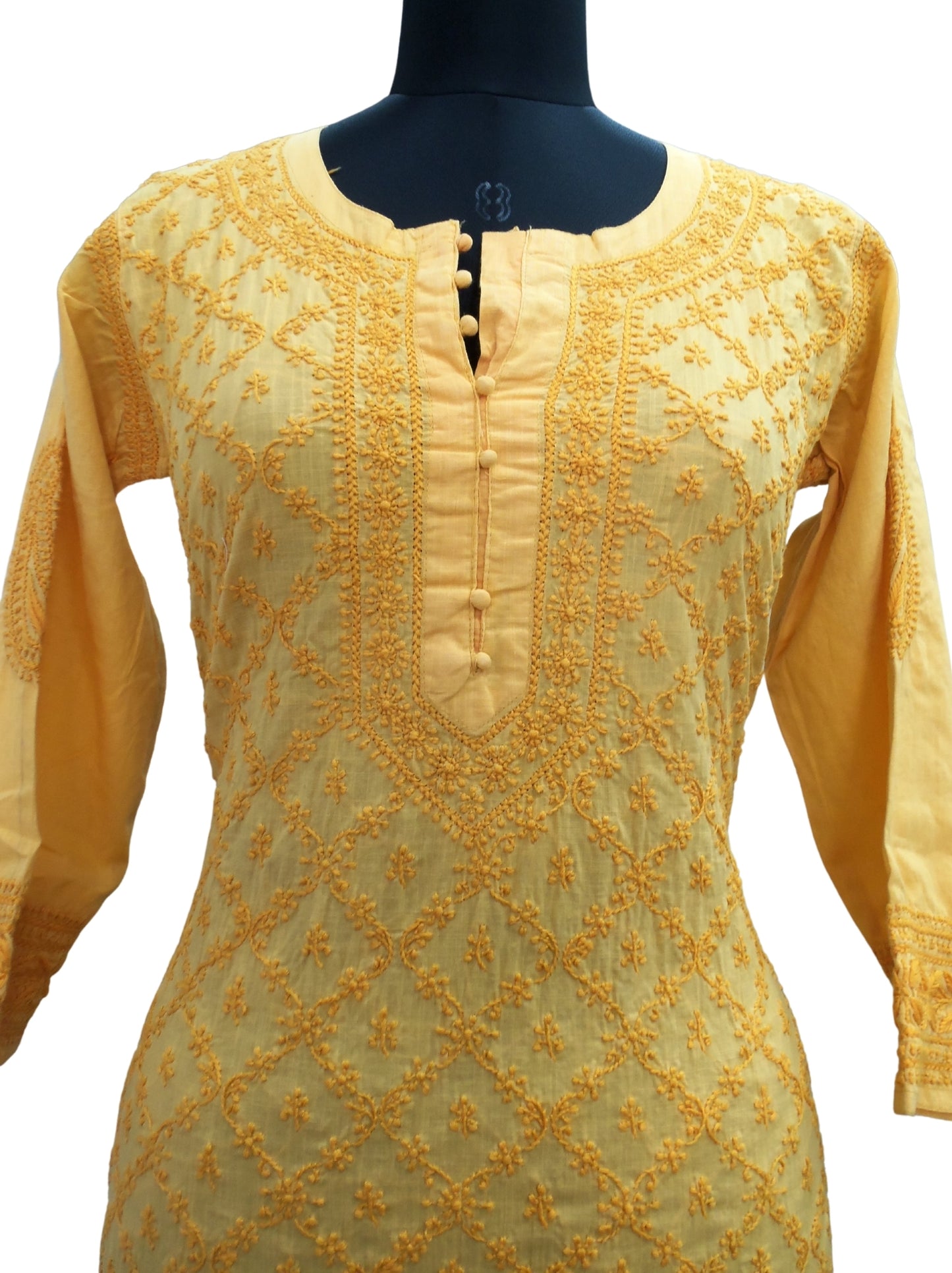 Shyamal Chikan Hand Embroidered Yellow Cotton Lucknowi Chikankari Kurti- S956