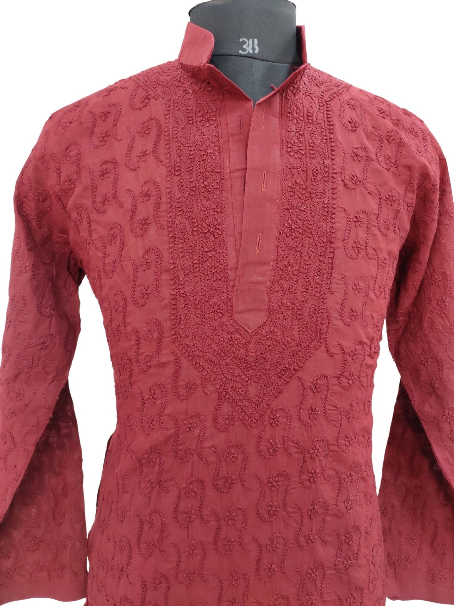 Shyamal Chikan Hand Embroidered Maroon Cotton Lucknowi Chikankari All-Over Men's Kurta – S1690