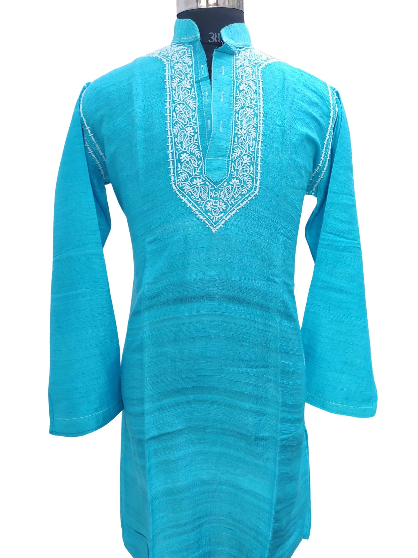Shyamal Chikan Hand Embroidered Blue Silk Lucknowi Chikankari Men's Kurta – S11769