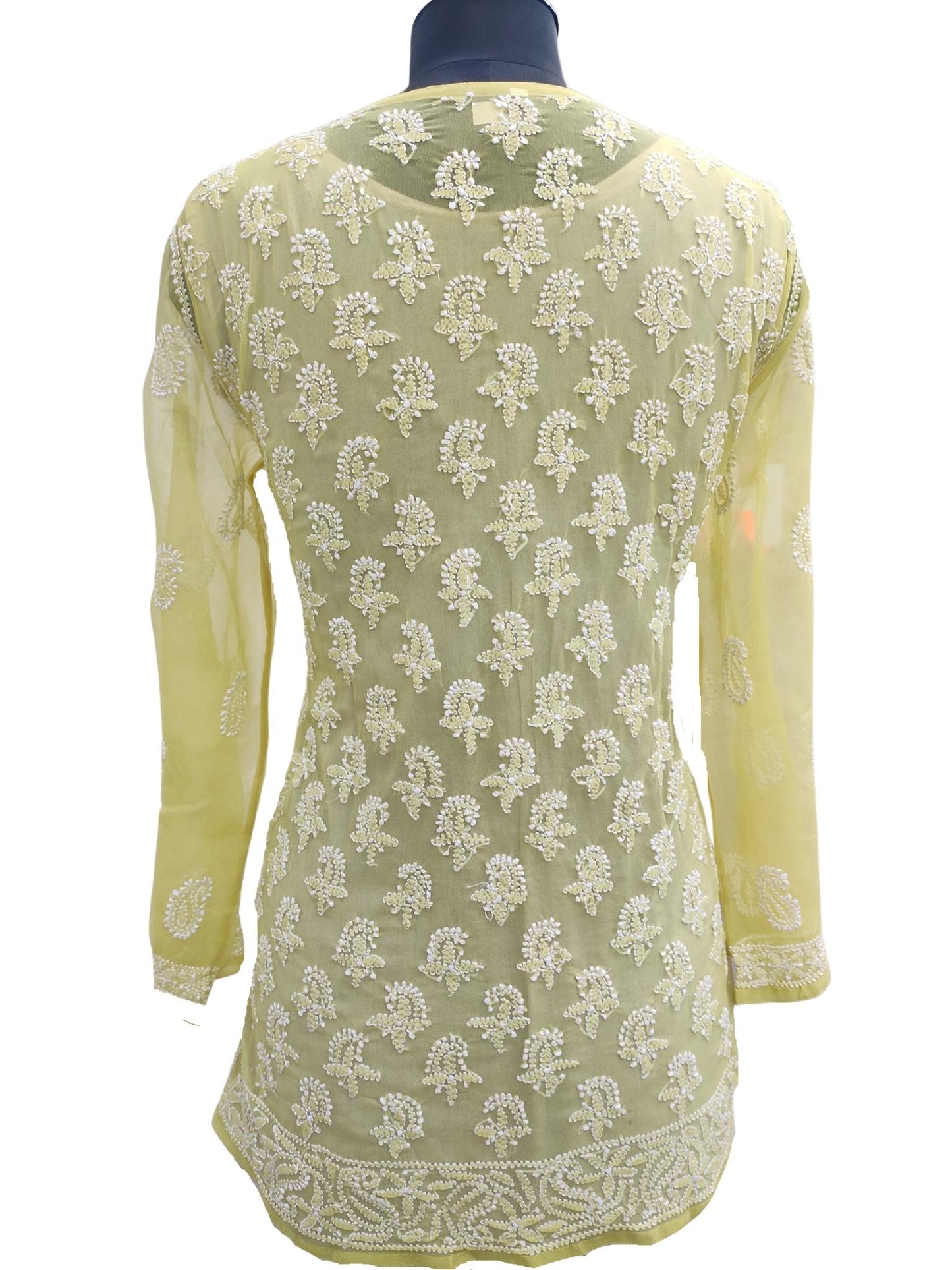 Shyamal Chikan Hand Embroidered Green Georgette All-Over Lucknowi Chikankari Short Top - S16894