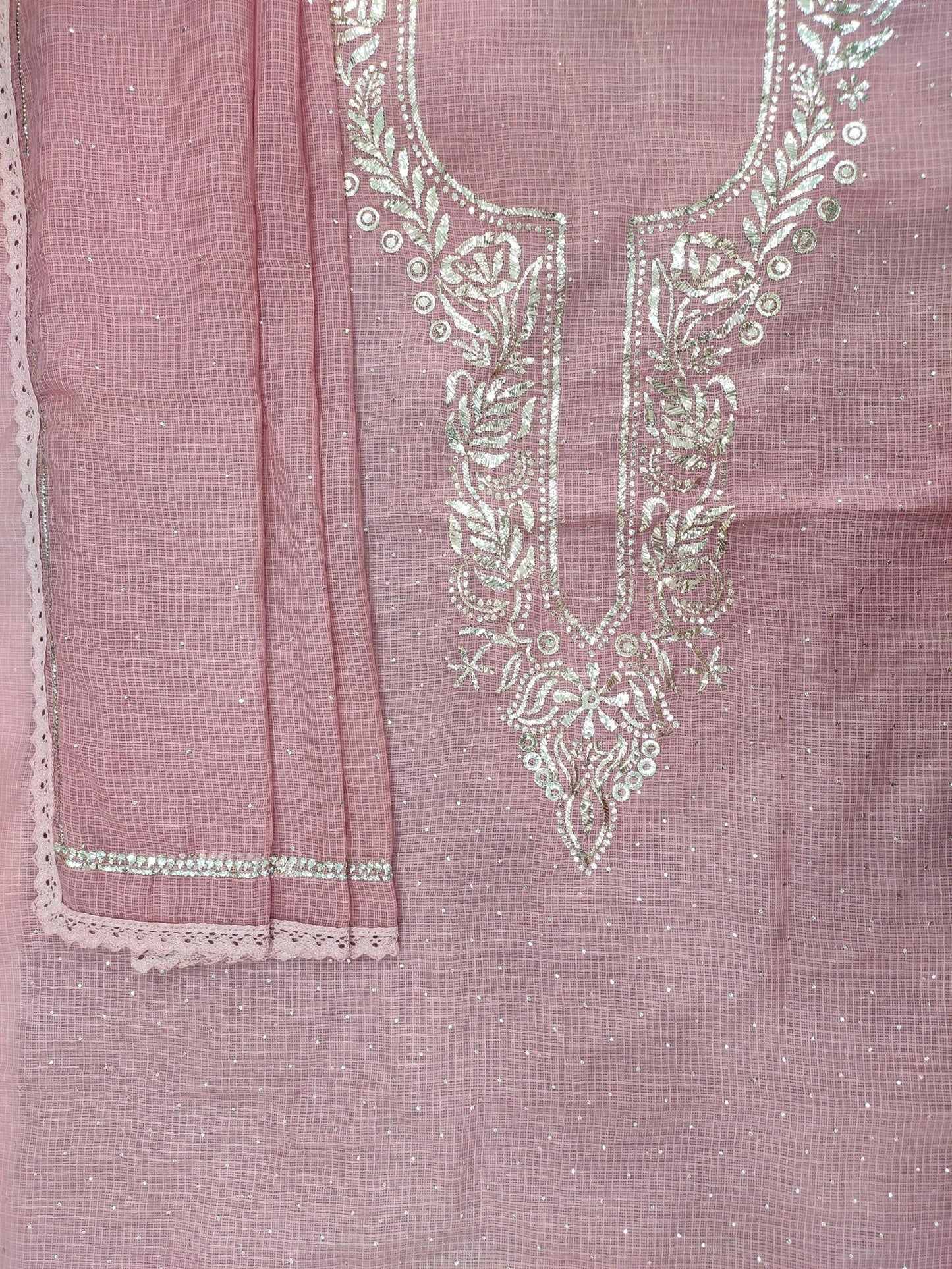 Shyamal Chikan Hand Embroidered Dark Pink Kota Cotton Lucknowi Unstitched Suit Piece With Mukaish Work - S16578