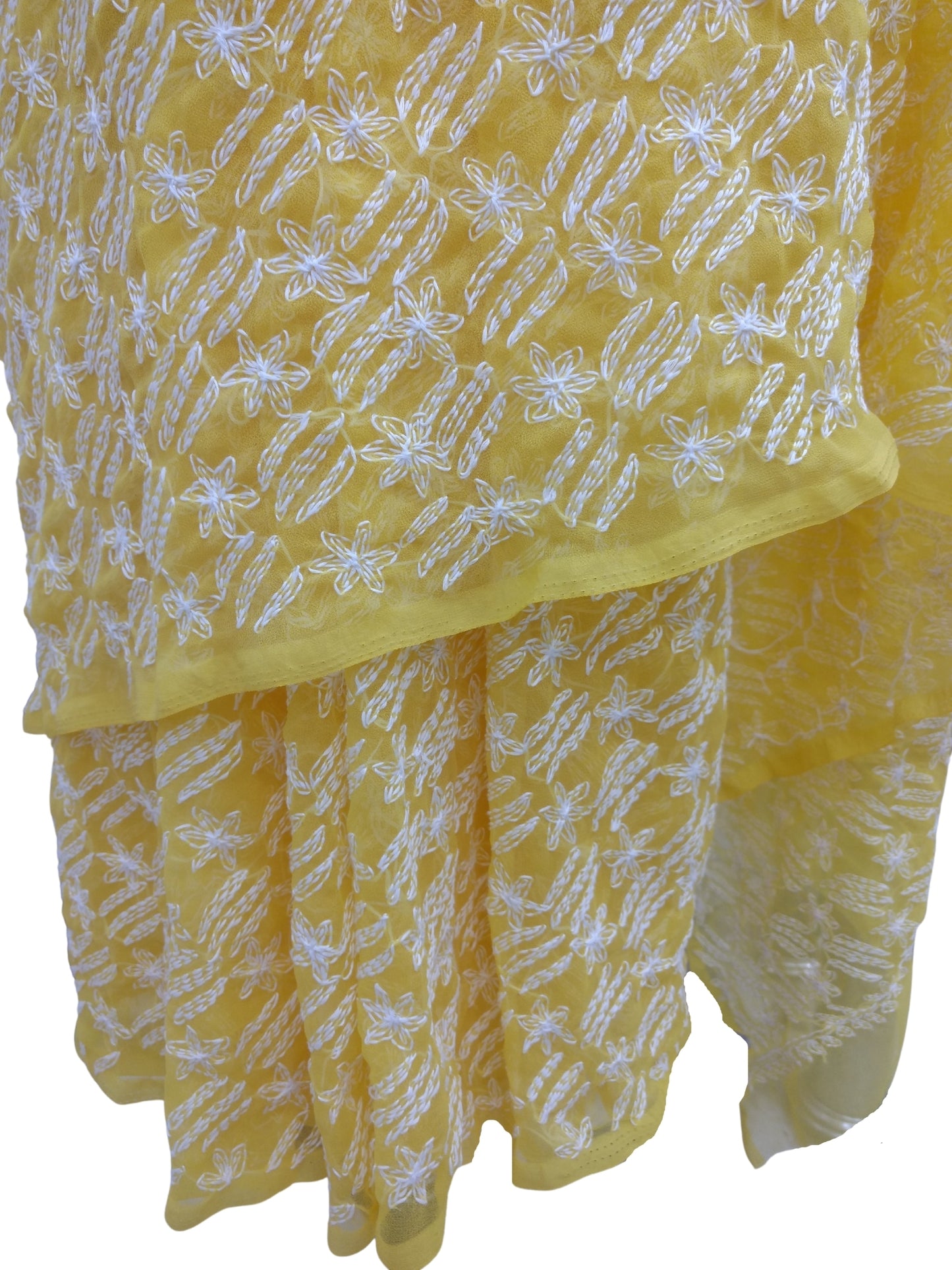Shyamal Chikan Hand Embroidered Yellow Georgette Lucknowi Chikankari All-Over Saree With Blouse Piece and Tepchi Work S6949