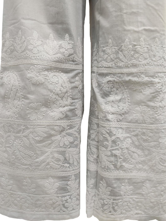 Shyamal Chikan Hand Embroidered White Cotton Lucknowi Chikankari Women's  Sharara – S12783